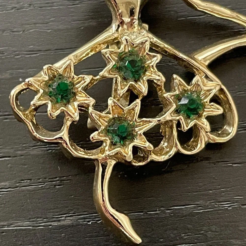 Gerry’s Brooch Ballerina Dancer Figural W/ Tutu Gold Toned Green Rhinestones Pin